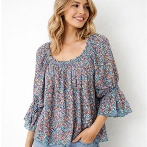 RAMY BROOK Oakleigh Multi Colored Floral Eyelet Ruffle Sleeve Boho Top Sz XS